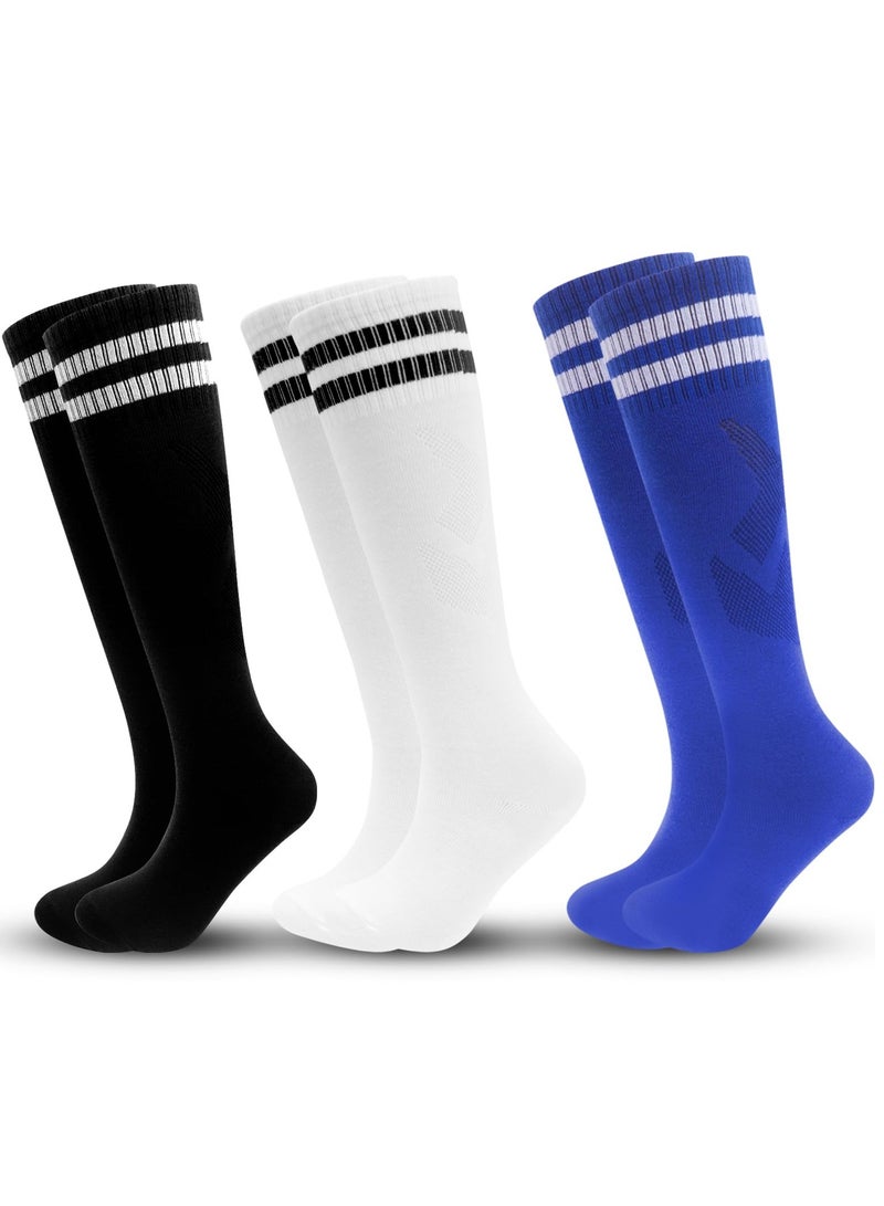 Kids Soccer Socks, 3 Pair Striped Knee High Football Socks for Boys & Girls, Youth Sports Athletic Socks for Ages 6-12 - Image 1